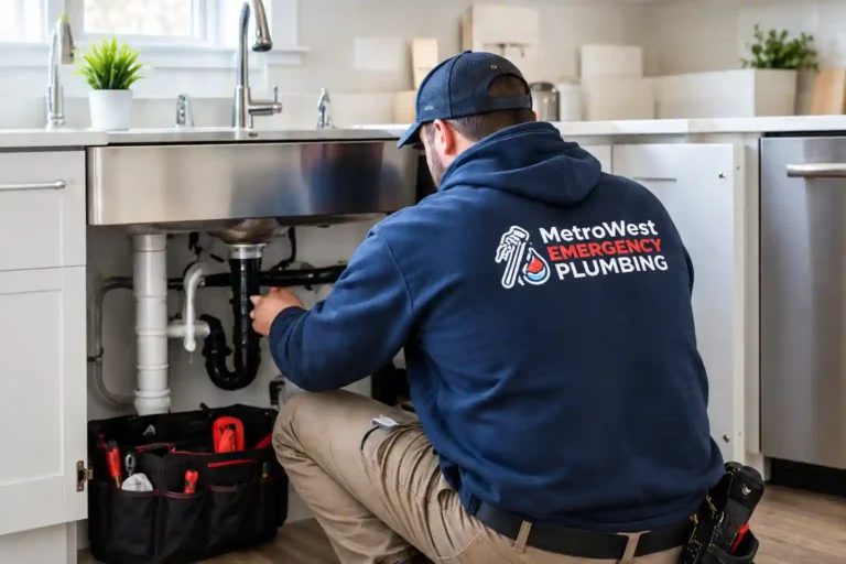 Emergency plumber repairing plumbing under a kitchen sink in Wellesley, MA