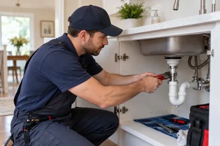 Plumber in Ashland MA repairing plumbing beneath a kitchen sink