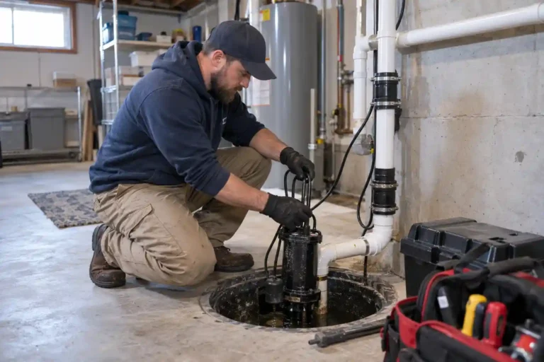 Plumber in Franklin MA repairing a basement sump pump