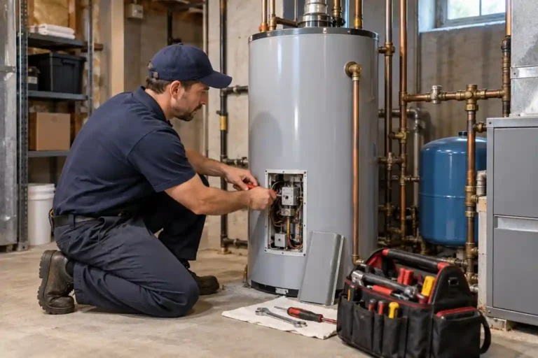Plumber in Medway MA repairing a residential water heater