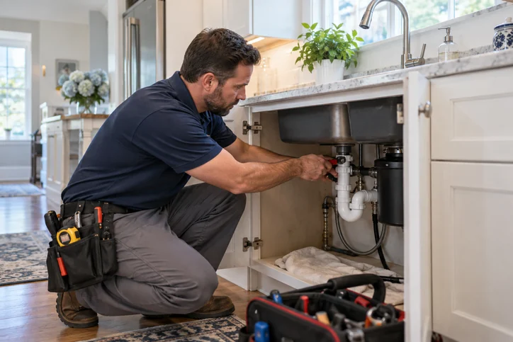 Plumber in Newton MA repairing under-sink plumbing